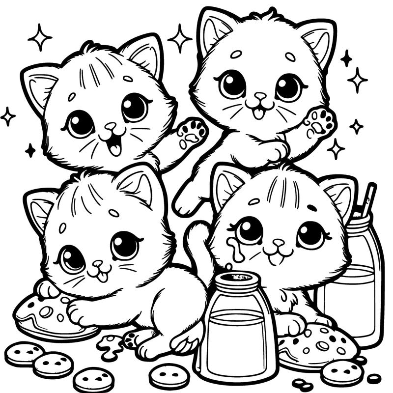 kittens with milk and cookies and playing