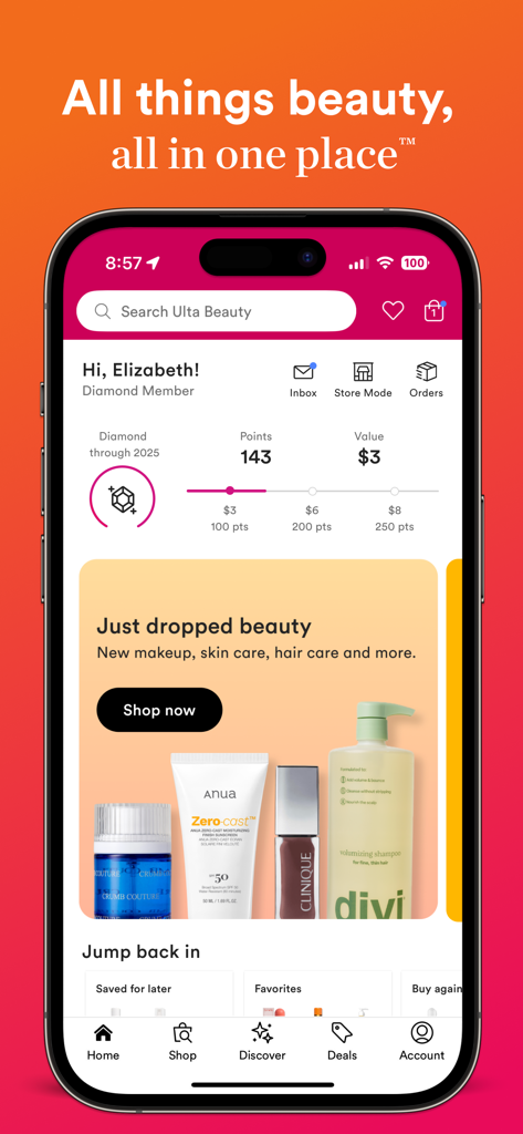 Ulta Beauty: Makeup & Skincare - Ulta Beauty mobile app home screen showing Diamond Member status, rewards points progress, and new beauty product arrivals.
