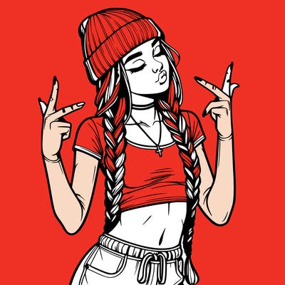 realistic teenage girl with braids and a beanie and crop top doing 🫶🏼