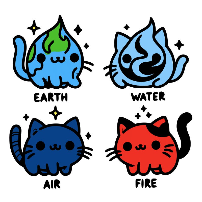 4 cats that represent the different elements, earth, water, air, and fire