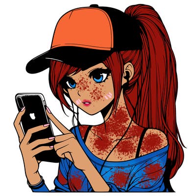 realistic girl with a long ponytail and trucker hat holding an iphone