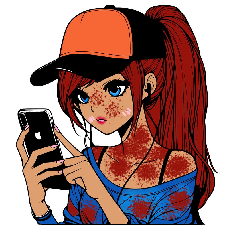 realistic girl with a long ponytail and trucker hat holding an iphone
