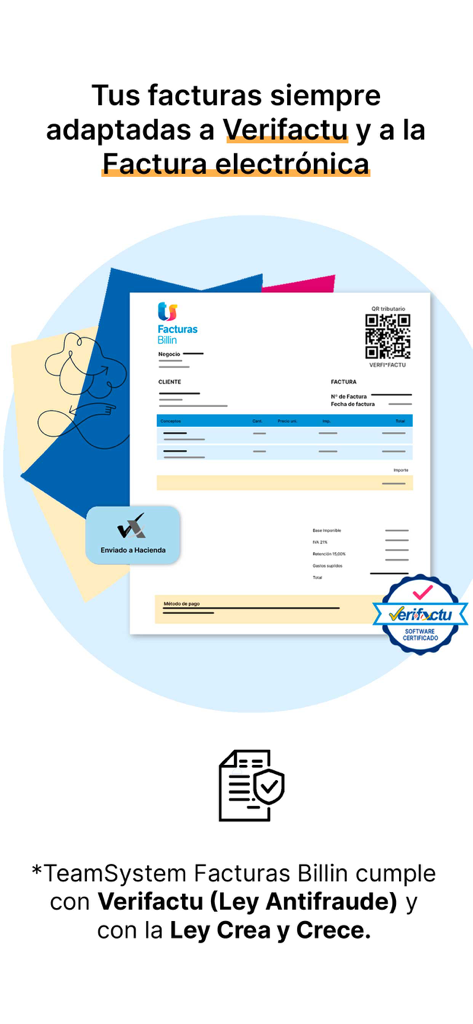 Presupuestos y facturas Billin - Aplicación Billin que muestra una factura electrónica conforme a las leyes españolas Verifactu y antifraude