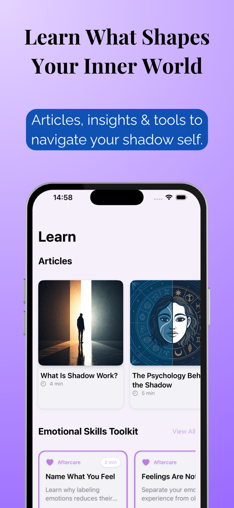 Shadow Work Journal - Shadow Work Journal app learning screen featuring psychology articles and emotional skills toolkit