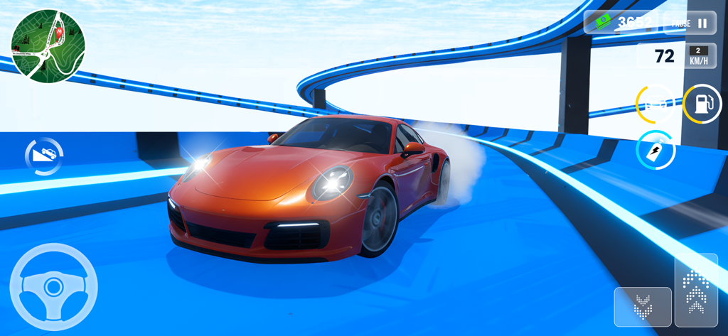 DriftLine: Urban Rush Car Game - An orange sports car drifting on a blue elevated race track.