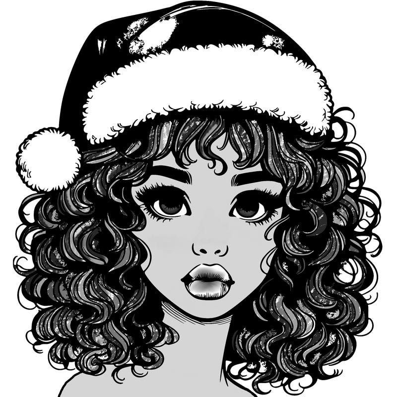 realistic girl with a santa hat curly hair and lips