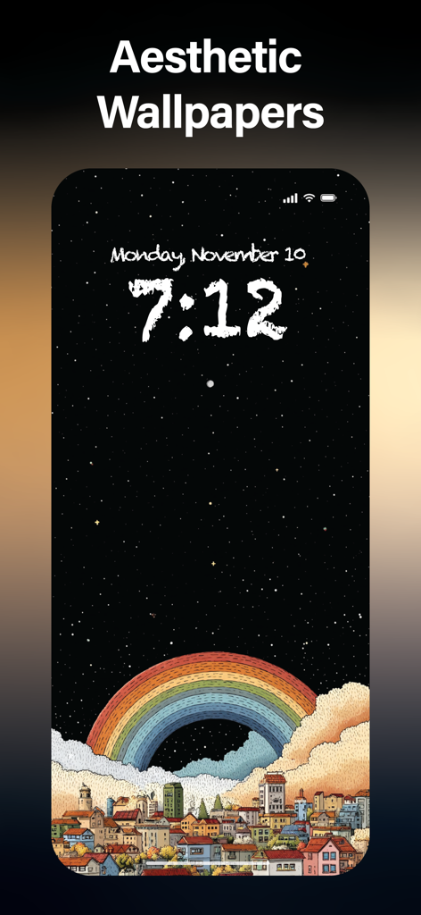Cool Wallpapers 4K - Aesthetic iPhone lock screen wallpaper featuring a starry night sky with a rainbow over a city.