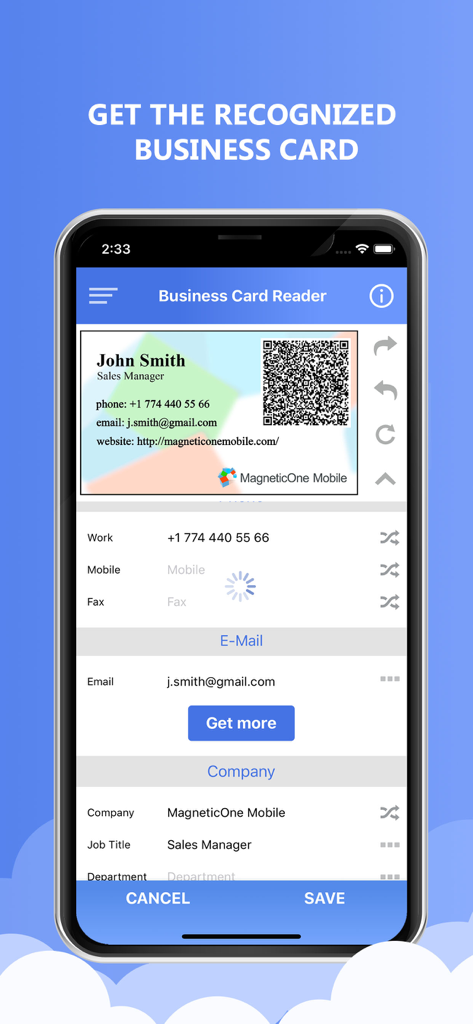 Smartphone display showing the Pipedrive CRM BizCard Scanner extracting data from a business card for John Smith