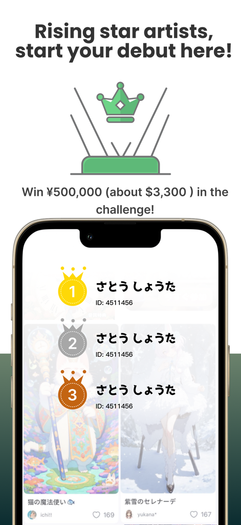 Tela de smartphone mostrando um placar de um concurso de arte de anime com IA com detalhes de prêmios