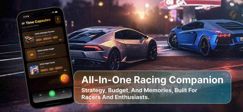 Unlimited Race Pro - A smartphone displaying the car time capsule feature of the Unlimited Race Pro app next to luxury sports cars at night