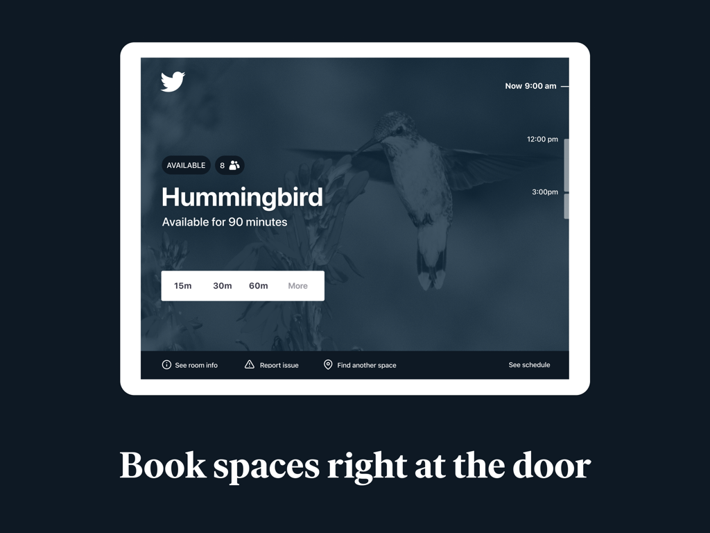 Robin meeting room display showing availability and quick booking buttons on an iPad