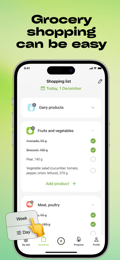 Diet: Weight loss Healthy food - Pantalla de la app móvil mostrando una lista de compras de supermercado categorizada para un plan de dieta saludable.