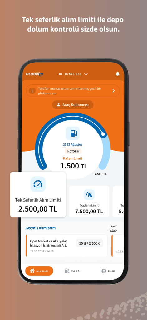 Dashboard der Otobil Flottenmanagement-App, das Kraftstoffkauf-Limits und den verbleibenden Saldo anzeigt.