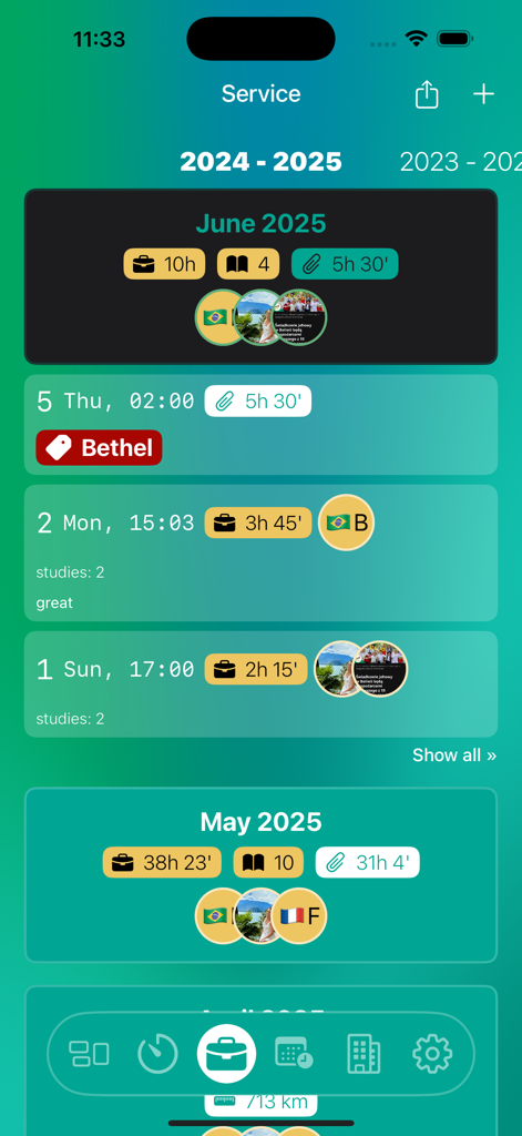 JW Service - Mobile app interface displaying monthly ministry service hours and activity logs