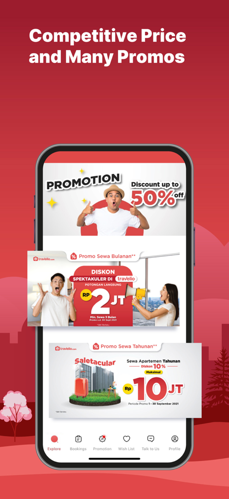 Travelio app screen displaying competitive prices and rental discounts for apartments and houses