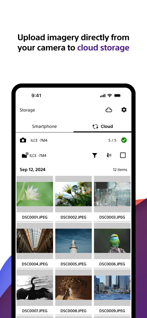 Sony Creators App interface showing a gallery of high quality photos being uploaded to cloud storage from a camera