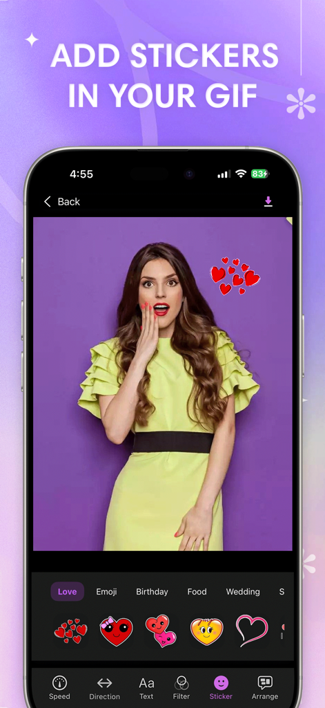 GIF Maker : Video Maker - Mobile app interface showing heart stickers being added to a video clip of a woman