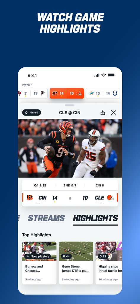 Interfaz oficial de la app de la NFL que muestra un reproductor de video de juego en vivo con resúmenes y marcadores de un partido entre los Bengals y los Browns