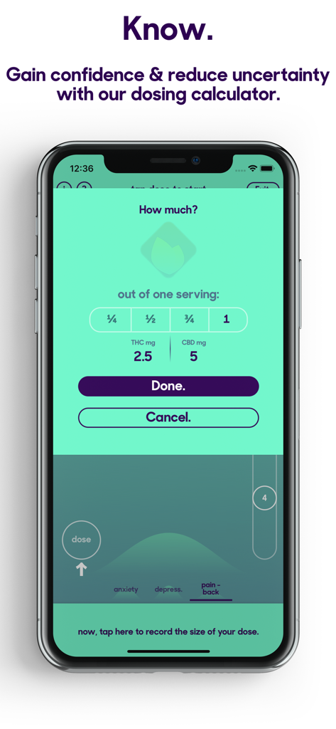 releaf app - cannabis tracking - Interface of the Releaf app showing a dosing calculator for tracking THC and CBD servings.
