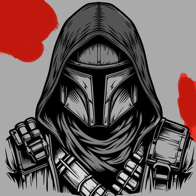 realistic warrior bounty hunter with mask and hood on