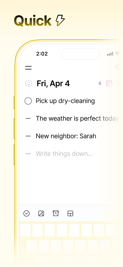 Twos: Get Things Off Your Mind - Minimalist interface of the Twos app showing a quick capture screen with a list of tasks and notes for Friday April 4