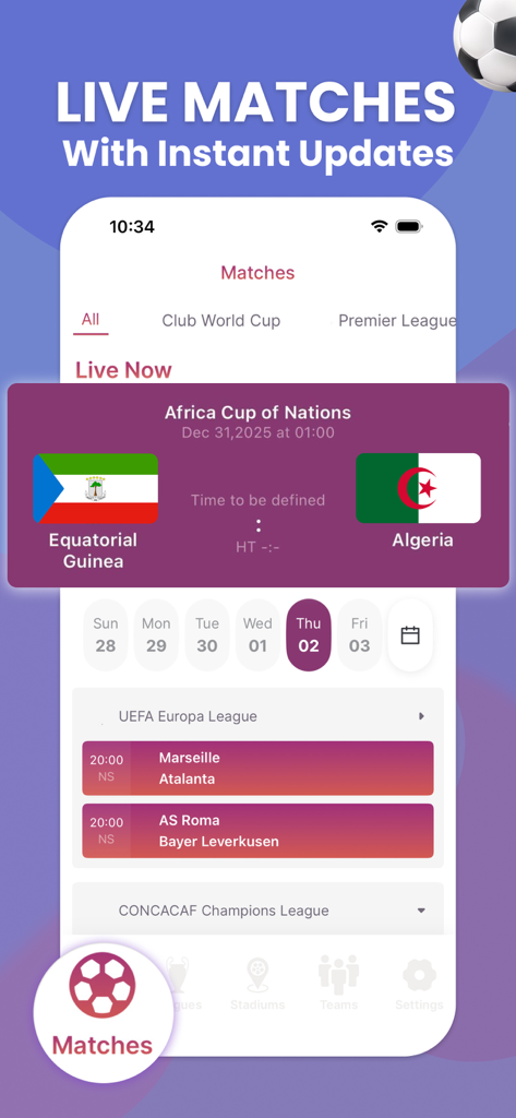 Nova Soccer : Live Sport Score - Schermata dell'app Nova Soccer che mostra partite e punteggi in diretta per tornei di calcio globali.