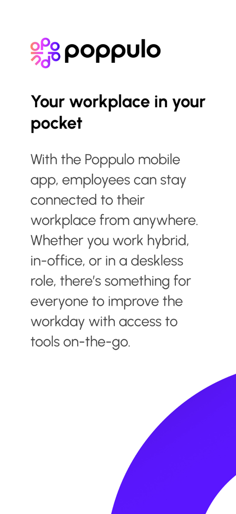 Poppulo - Poppulo mobile app intro screen with workplace in your pocket headline
