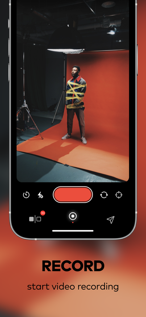 Pause - Video editor & Camera - The recording interface of the Pause video editor app showing a professional video shoot in a studio.
