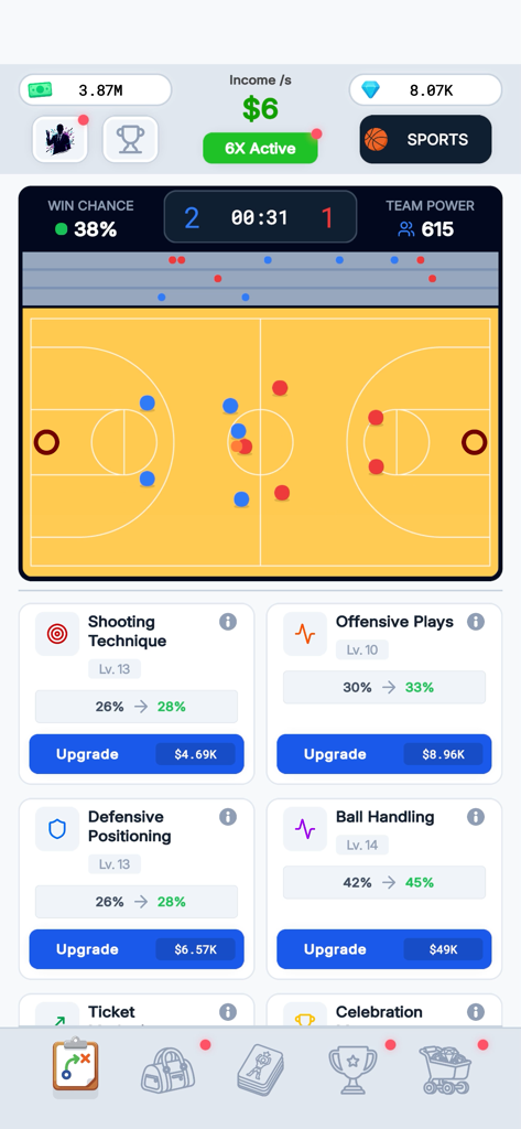 Sport Star - Team Manager Idle - Basketball court simulation with player skill upgrade options in Sport Star
