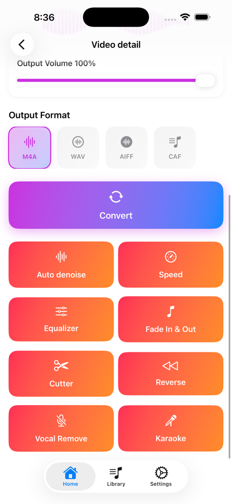 Convert Video to MP3: VidoTune - VidoTuneアプリの画面。ビデオからオーディオへの変換形式と、ボーカルリムーバーや自動ノイズ除去などのさまざまな編集ツールが表示されています。