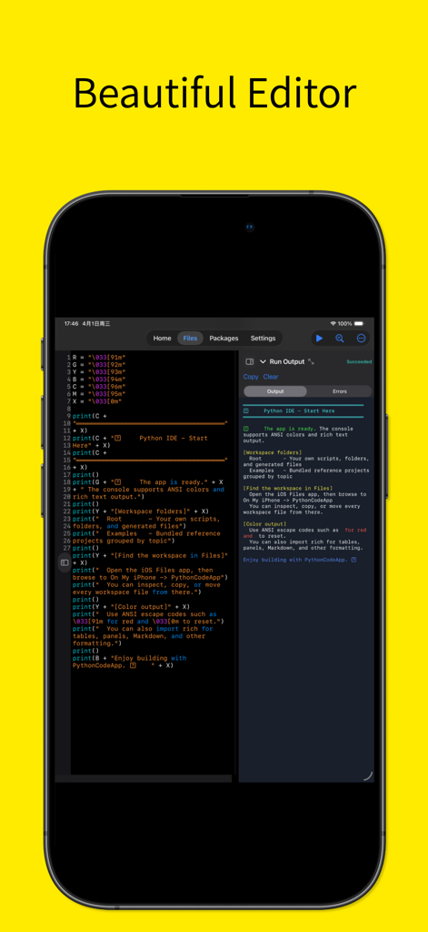 Python Code App - IDE & Editor - Interfaz de Python Code App con un editor de código con resaltado de sintaxis y un panel de salida en vivo en iPhone