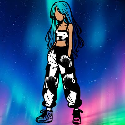 girl in baggy pants crop top and long hair