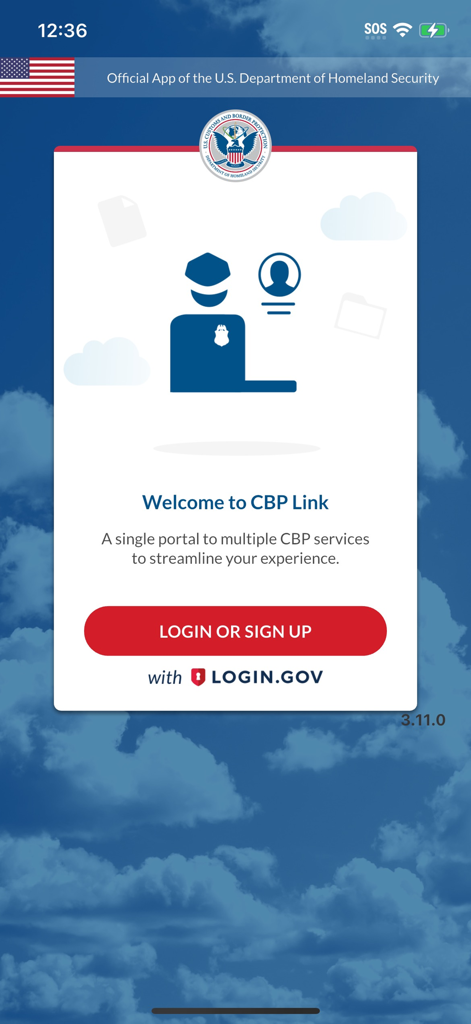 CBP Link App Willkommensbildschirm mit einer roten Schaltfläche zum Anmelden oder Registrieren und Login.gov-Integration.
