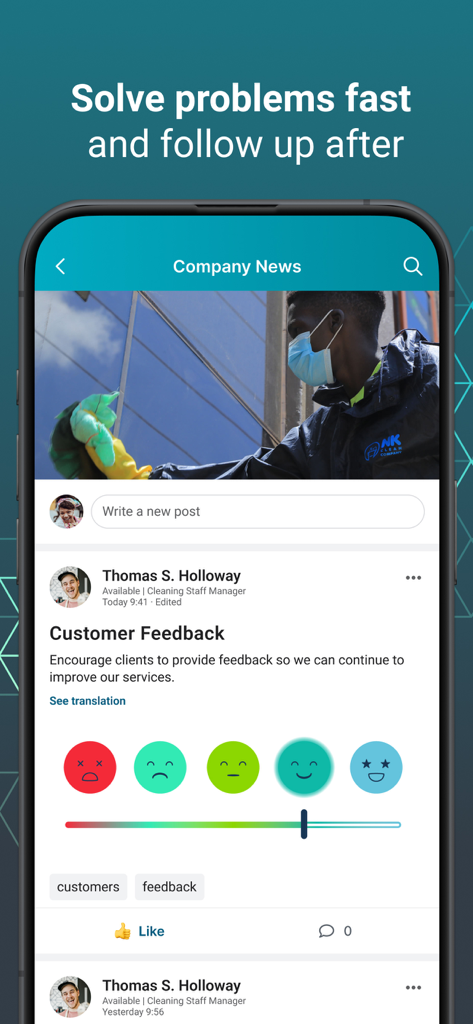 Beekeeper app interface showing a company news feed with a customer feedback survey using emoji ratings