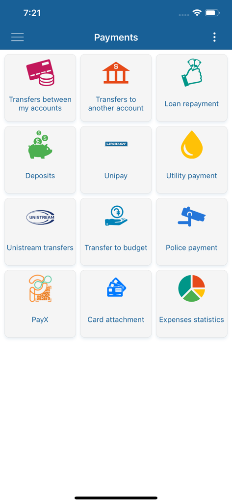 UNIMobile Banking app payments menu featuring options for transfers utility payments and loan repayments
