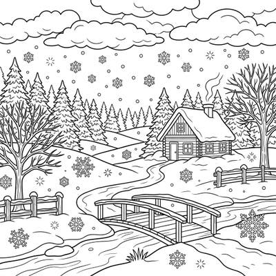 Escape to a tranquil winter wonderland with this detailed coloring page, featuring a charming cabin nestled amidst snow-covered trees. Enjoy bringing this serene scene to life, complete with gently falling snow from nimbostratus clouds.