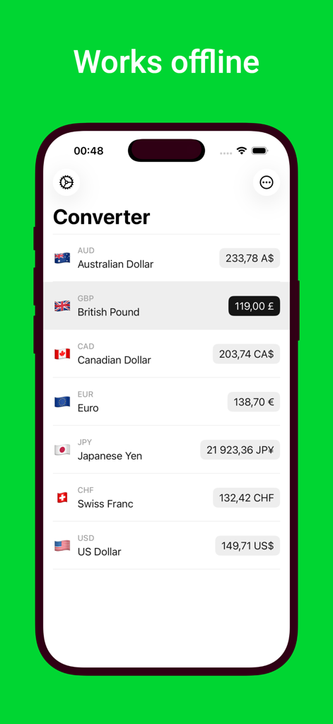 Money Converter - Cashmate - Interfaz de la aplicación convertidora de dinero Cashmate mostrando múltiples tipos de cambio y un mensaje de funciona sin conexión.