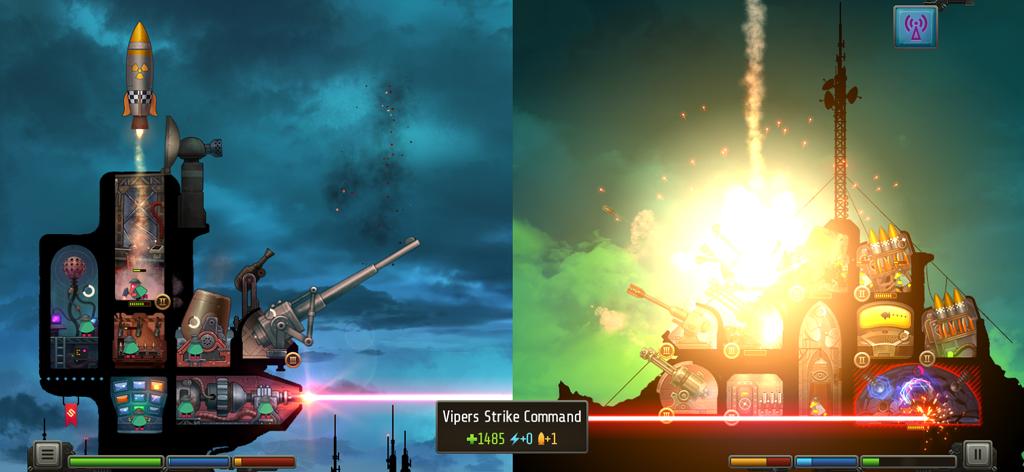 A dieselpunk fortress battle in REDCON featuring a laser strike and missile launch against an enemy base.