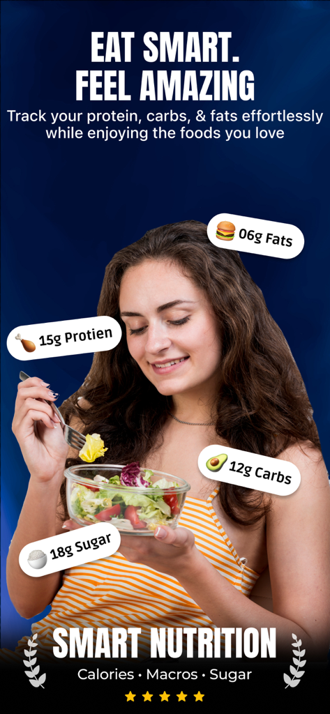 Calorie Deficit Tracker+ - A woman eating a healthy salad with floating labels showing protein, fats, carbs, and sugar macros
