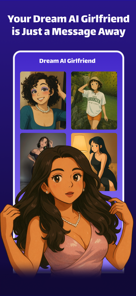 Eine Auswahl verschiedener KI-Freundinnen-Charaktere im Anime-Stil für Chat und Rollenspiel.