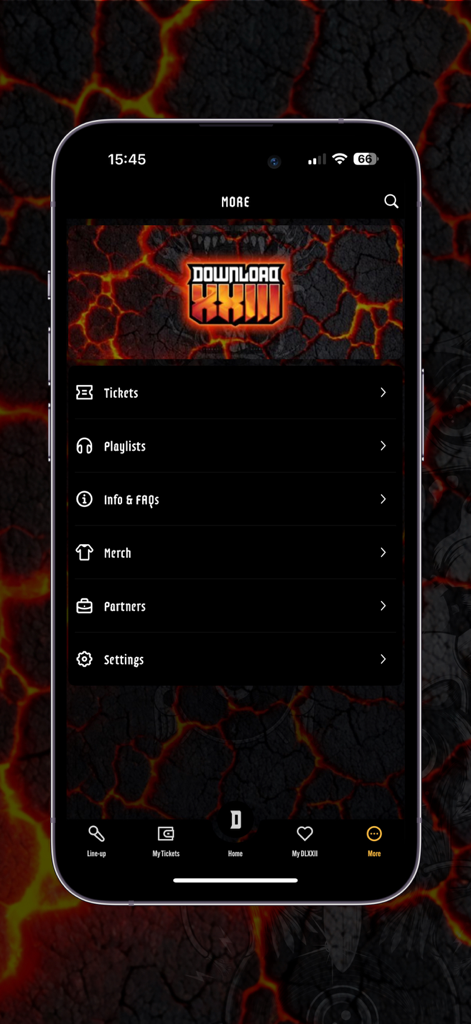 Download Festival - ダウンロード・フェスティバル・アプリの「その他」メニュー画面。チケット、プレイリスト、マーチなどのオプションが表示されている