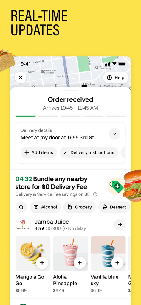 Postmates - Food Delivery - Bildschirm der mobilen Postmates-App mit Echtzeit-Auftragsverfolgung und Lieferdetails für eine Saftbestellung.