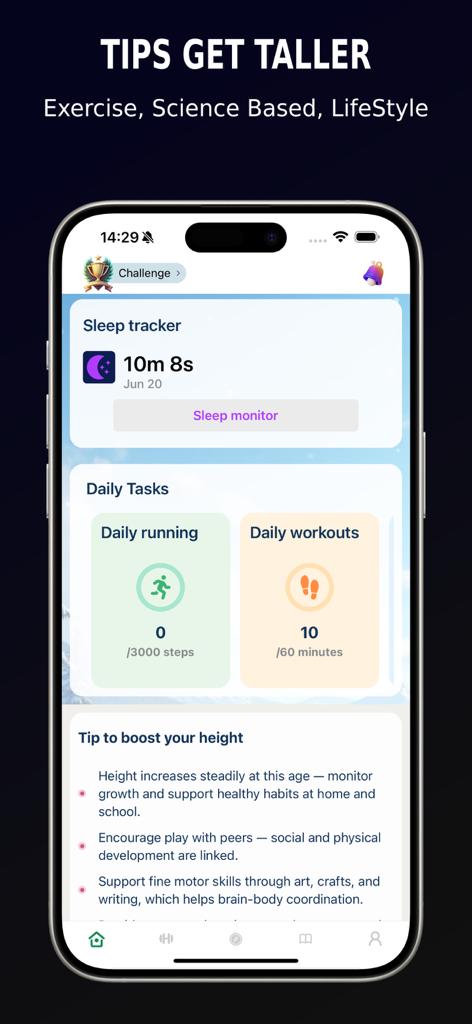 Smartphone screen showing sleep tracker and daily task progress for height growth