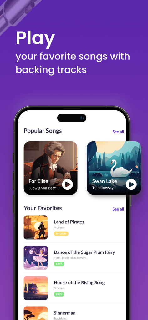 Screenshot of the tonestro flute app showing a library of popular songs and favorite tracks to play along with