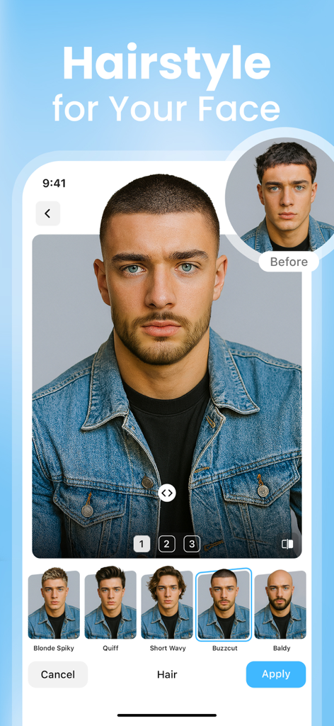 Hair AI: Hairstyle Filter, Cut - Un'interfaccia di smartphone che mostra un uomo che prova un'acconciatura a taglio cortissimo utilizzando il filtro dell'app Hair AI