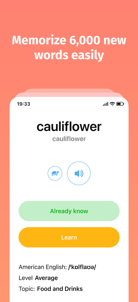 Bright - English for beginners - Interface do app Bright mostrando um cartão de vocabulário para a palavra couve-flor com pronúncia e opções de aprendizado