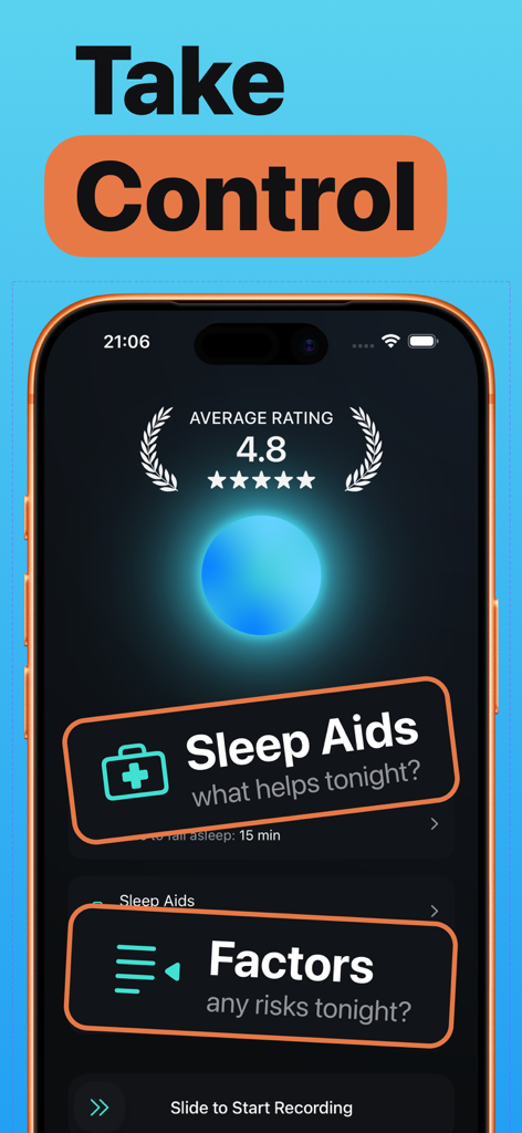 Snorly app start screen showing sleep aids and health factors selection before recording.