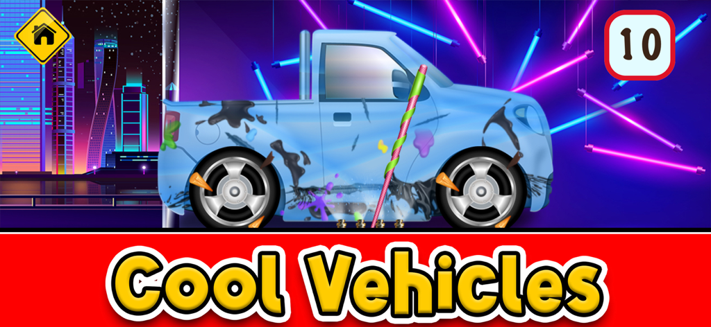 Little Car Wash: Vehicle Game - A dirty blue pickup truck being cleaned in a kids car wash game with a neon city background