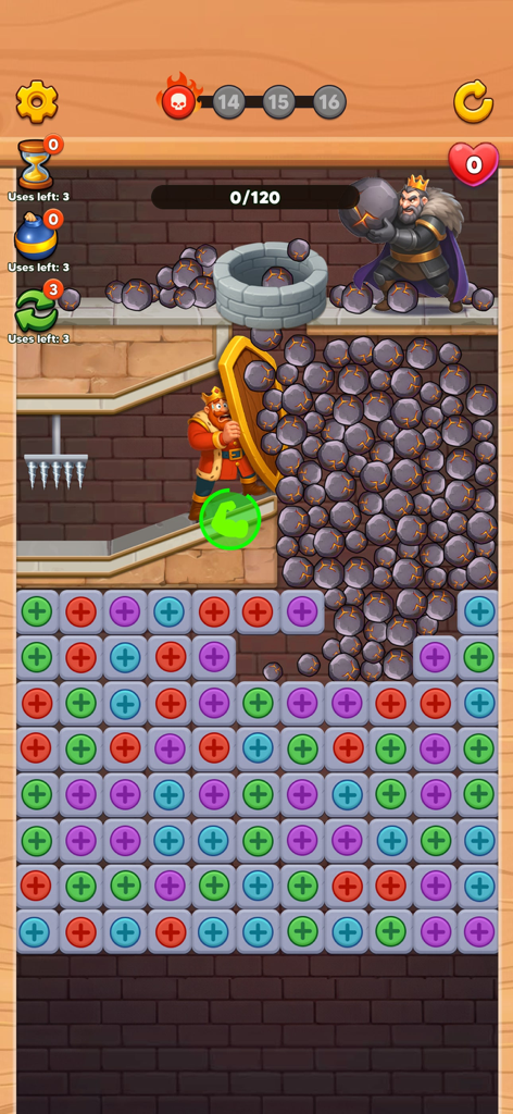 Royal Escape: King Castle - Jogabilidade Match 3 em Royal Escape King Castle apresentando peças de parafuso e uma missão de resgate