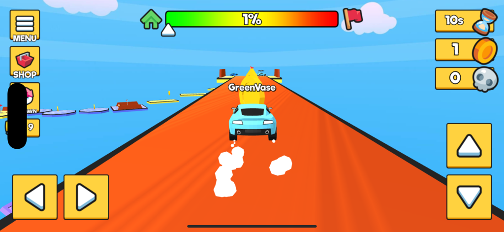 Une voiture bleue roulant sur une rampe orange en mode Voiture de Rainbow Obby.